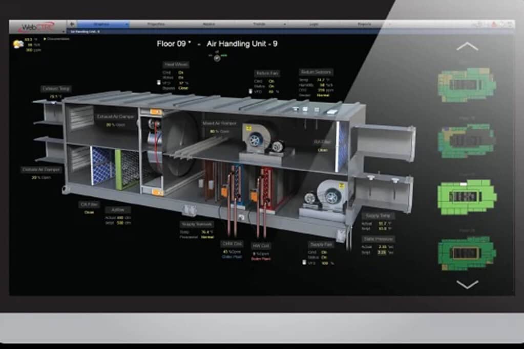 Detailed digital diagram of an air handling unit with control interface for WebCTRL system.