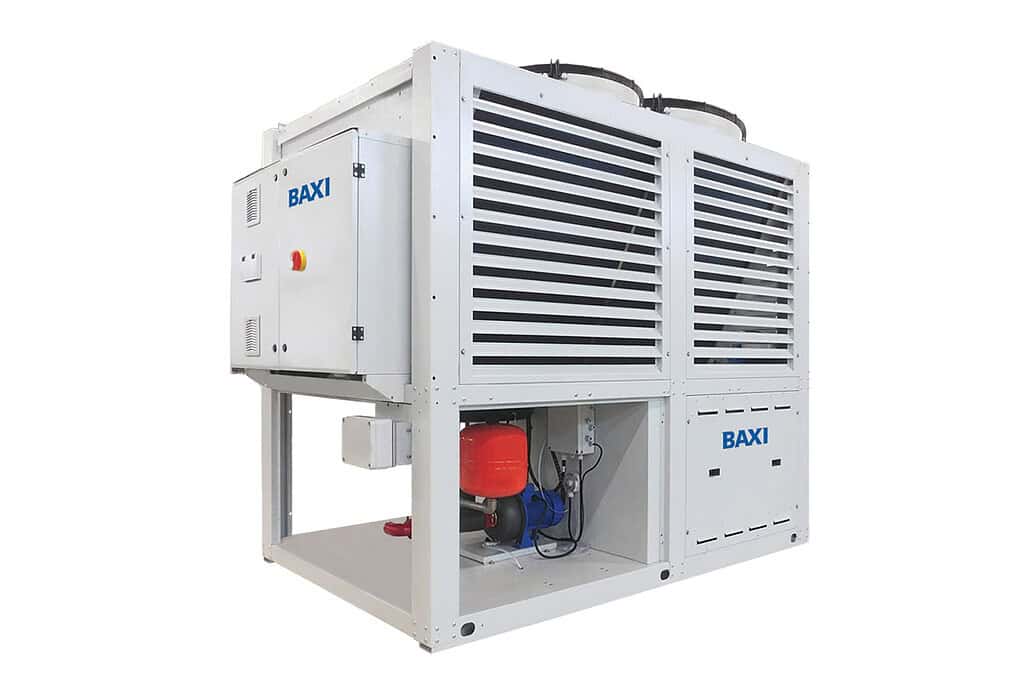 Baxi commercial heat pump with R290 refrigerant in a white frame.