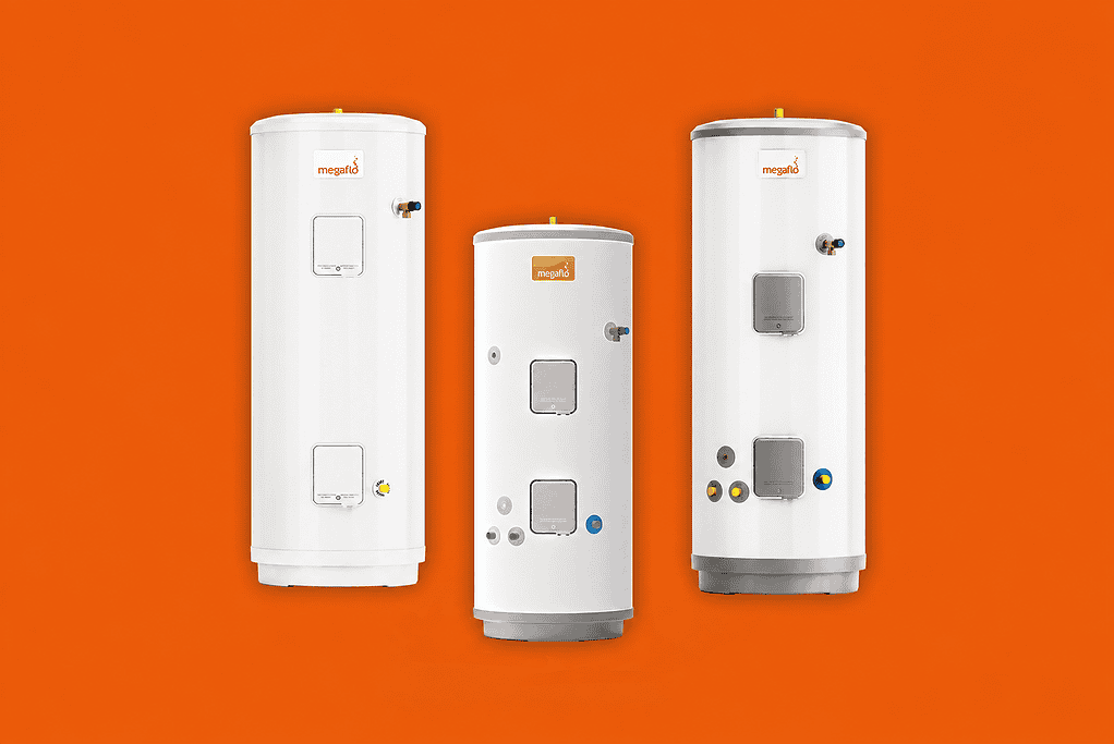 Megaflo hot water cylinders with new Essential range for heat pump systems.