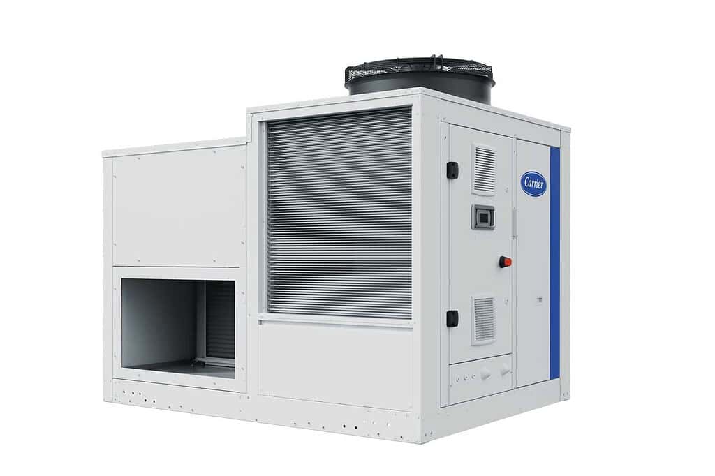 Carrier rooftop heat pump with R-454C refrigerant for energy efficiency.