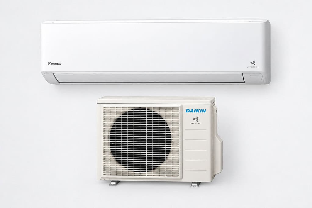 Daikin heat pump system with indoor and outdoor units for efficient heating and cooling.