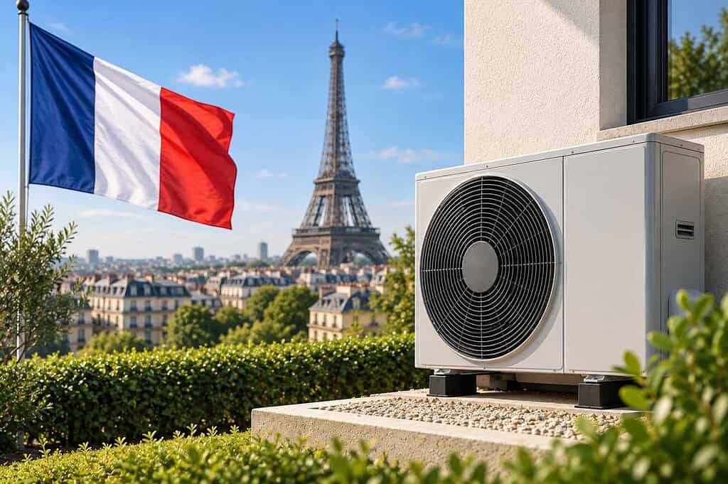 Air source heat pump on balcony with French flag and Eiffel Tower in background.