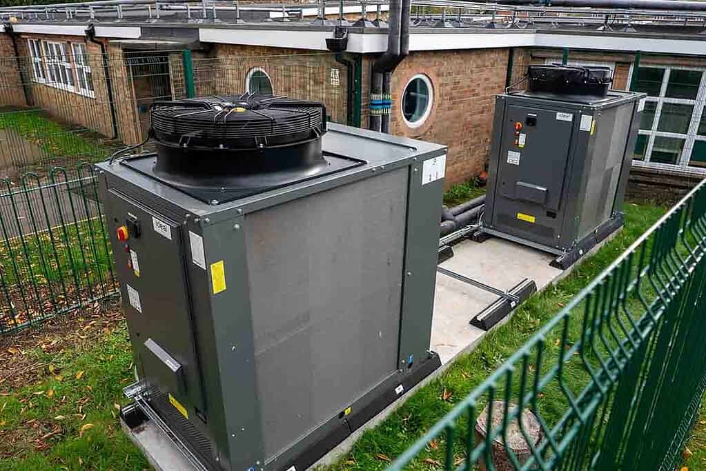 Image shows R290 heat pumps installed at a primary school. the R290 heat pump safety CPD is aimed atis aimed at consultants, designers, specifiers, contractors and engineers