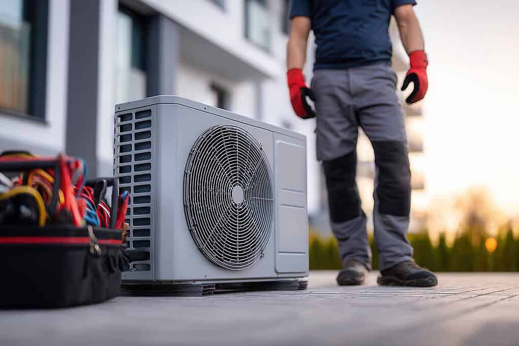 Technician installing a heat pump outdoor unit with tools nearby.
