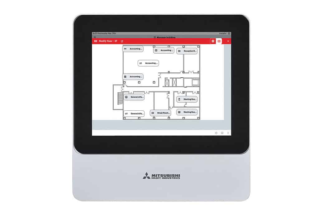Mitsubishi central controller displaying building floor plan and HVAC controls.