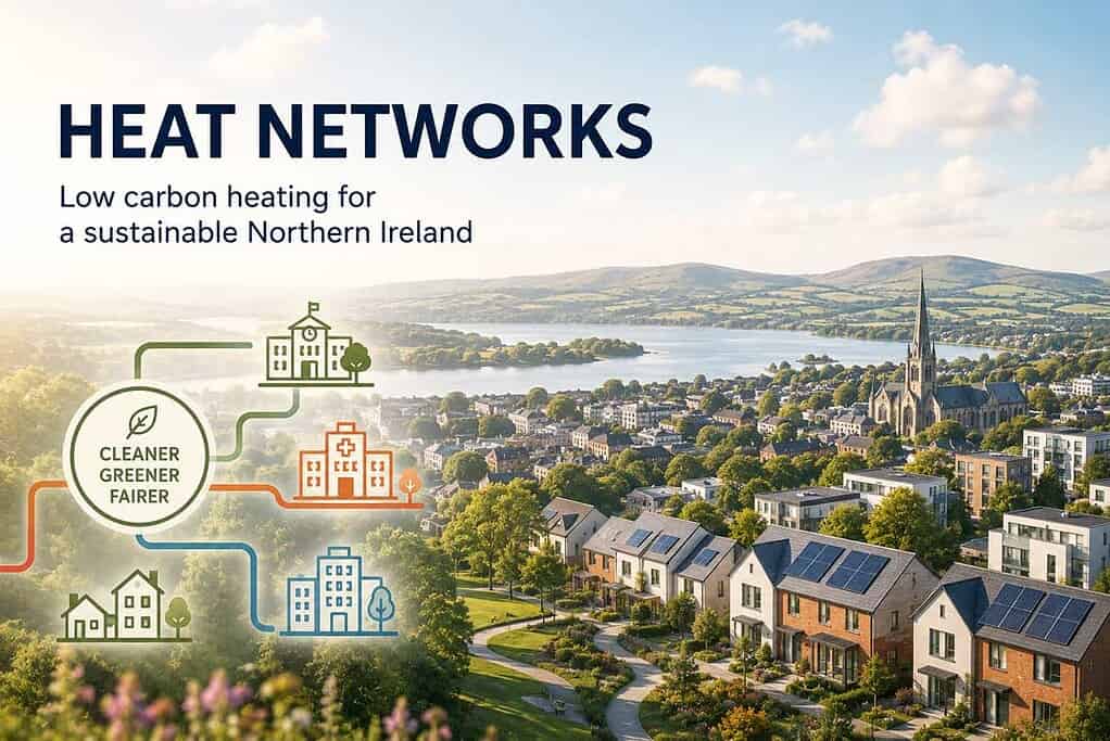 Map of Northern Ireland with heat network connections and sustainable energy icons.