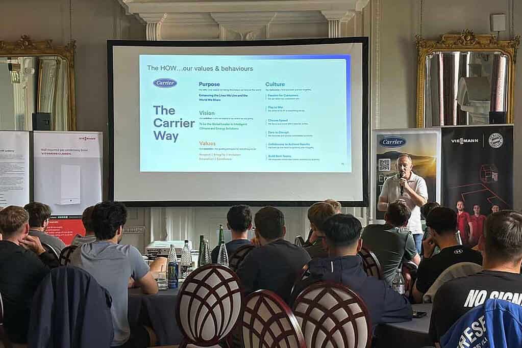 Carrier presentation on company values and culture at Heat Pump News event.