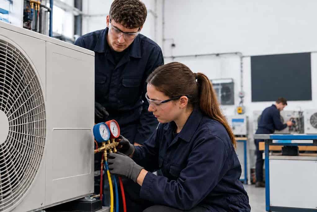 Students working on heat pump system in technical training workshop.