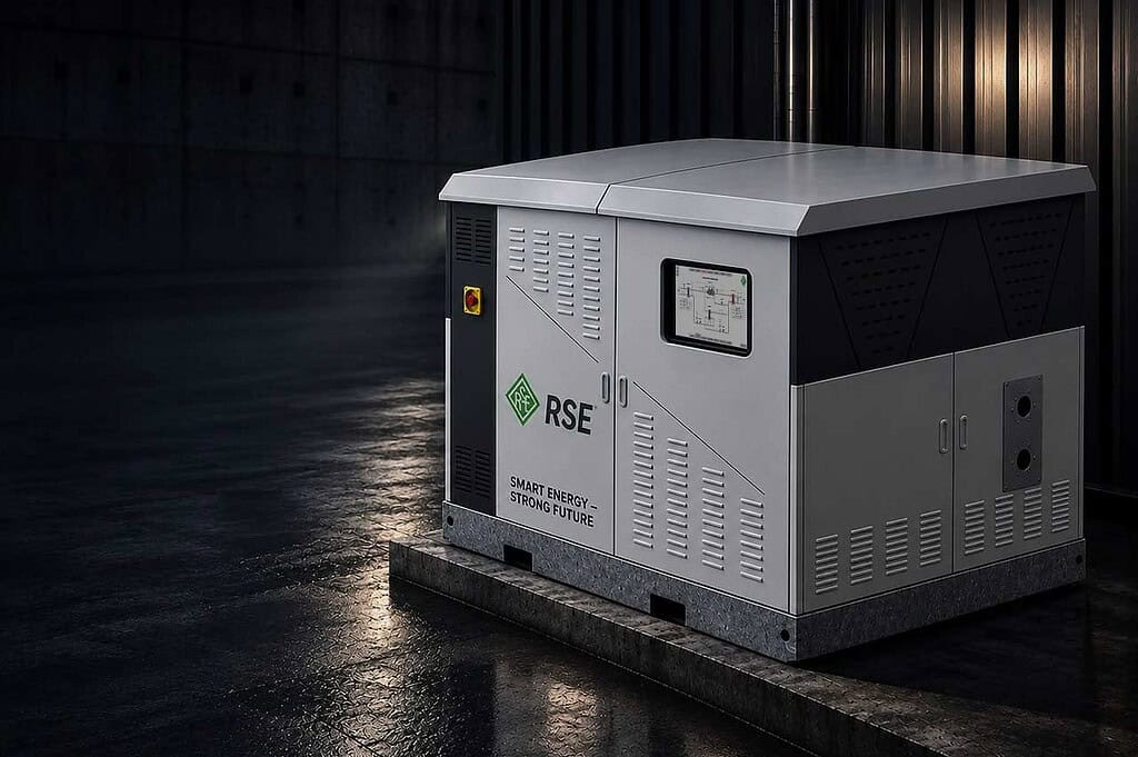 Large RSE industrial heat pump with digital display in a dark setting.