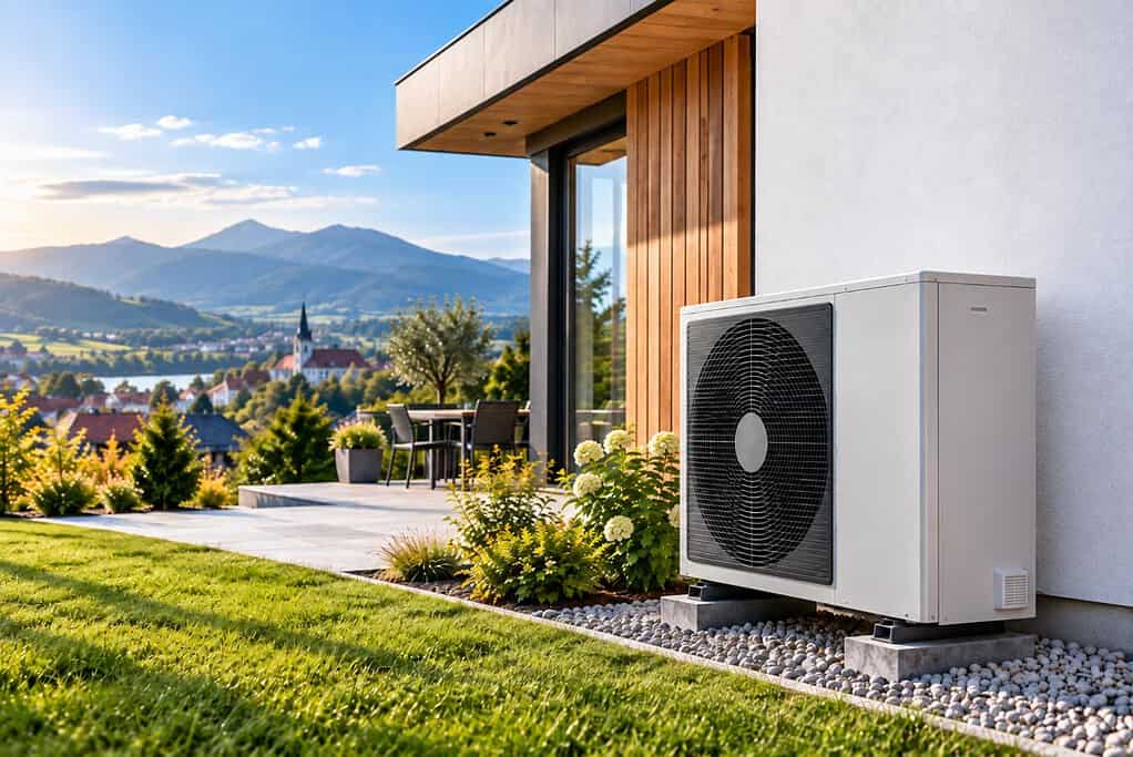 Heat pump outside a modern house with scenic mountain view in the background.