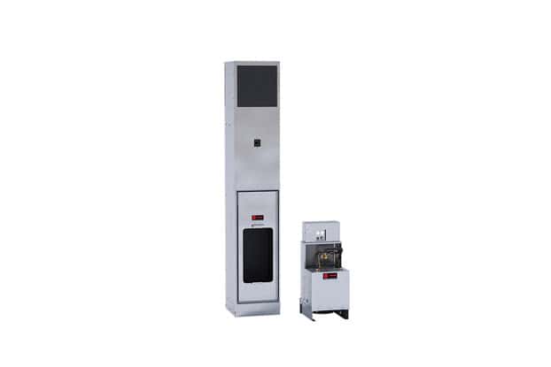 Modern heat pump unit with control panel for sustainable heating solutions.