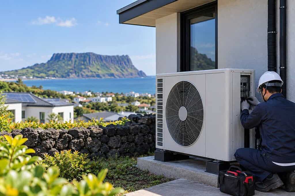 Technician installing an outdoor heat pump unit outside a modern house.