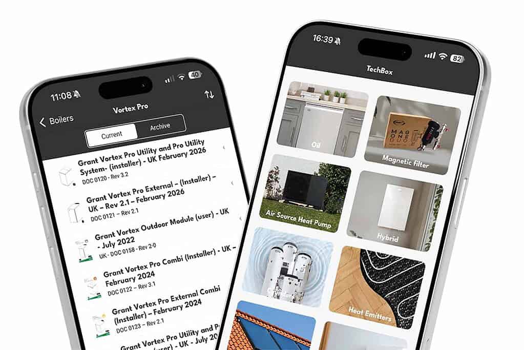 Mobile screens showing heat pump installation news and product images.