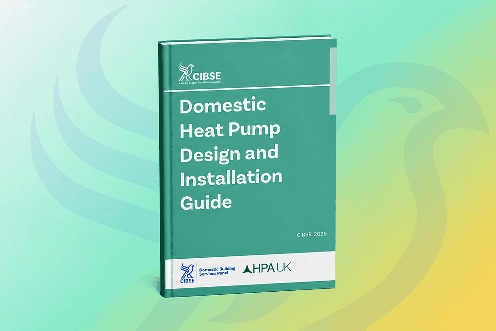 Domestic Heat Pump Design and Installation Guide book cover with green background.