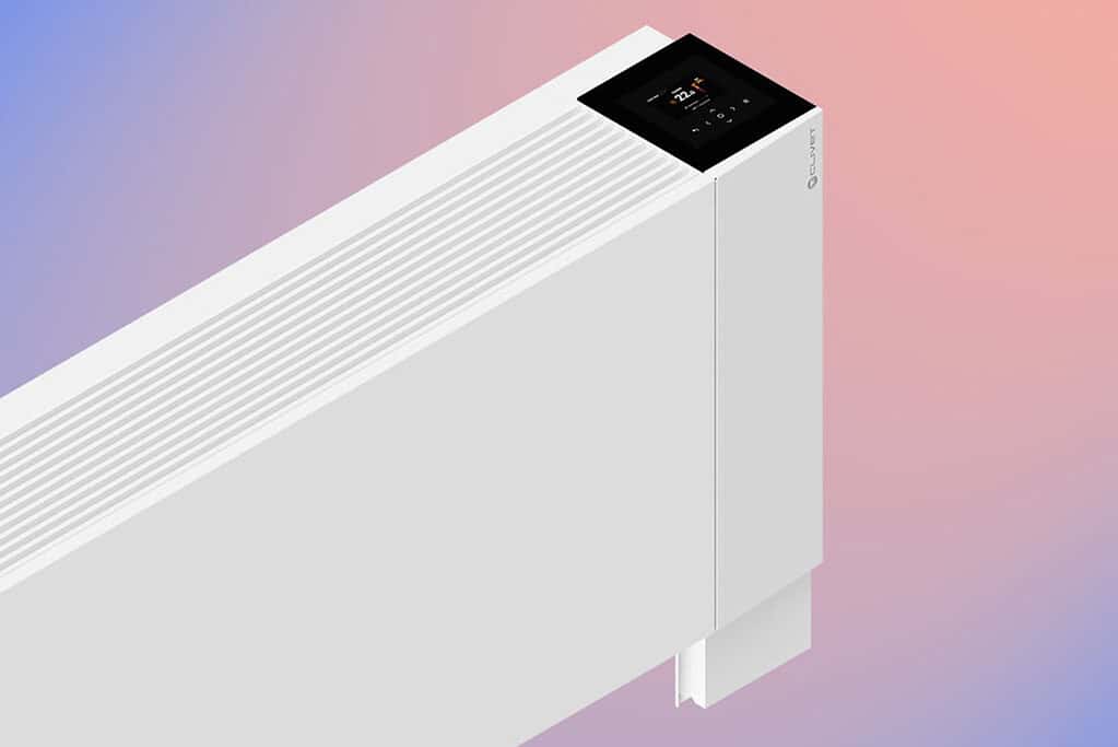 Modern white heat pump with digital control panel for energy-efficient heating.