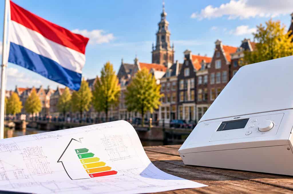 Dutch flag with heat pump and energy efficiency chart in cityscape.