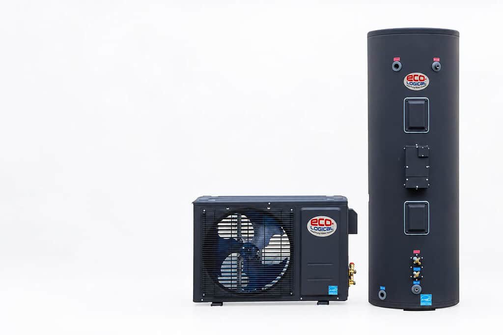 Modern heat pump unit with outdoor and storage tank components.