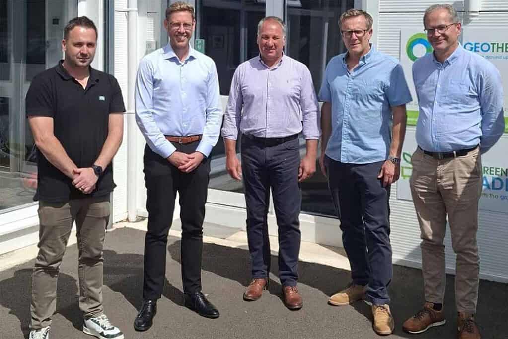 Image shows Kevin Donovan-Ritch, Operations Manager, Go Geothermal; Joel Håkansson, CEO CTC AB; Mark Burton, Sales and Strategy Director, Go Geothermal; Tim Williams, Executive Director, Go Geothermal;  Håkan Erlandsson, CFO, CTC AB.