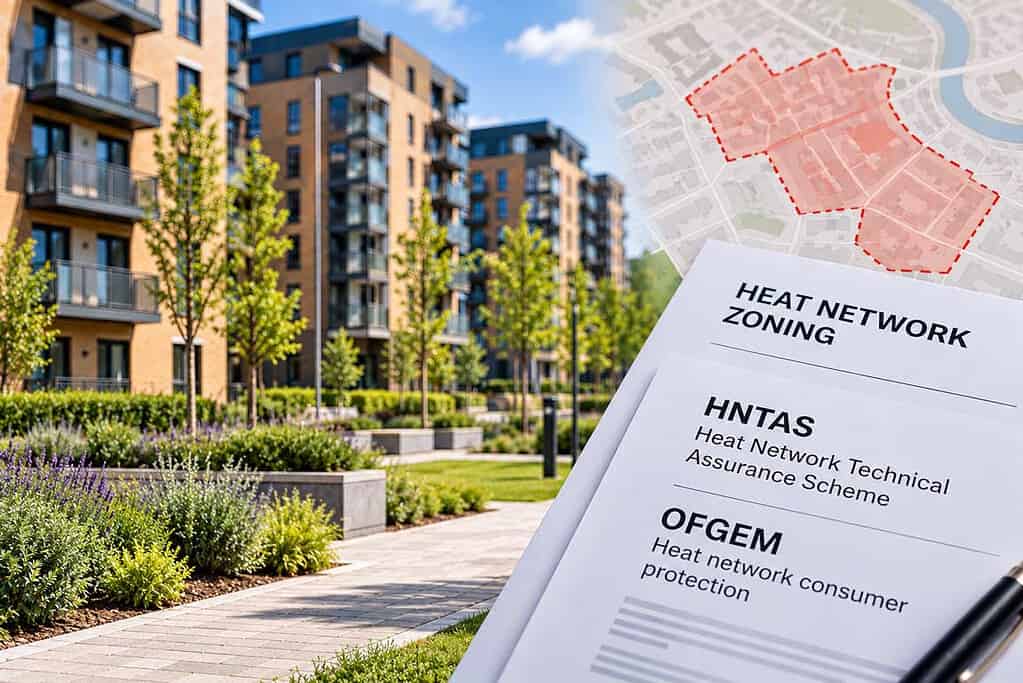 Residential buildings with heat network zoning document in foreground.