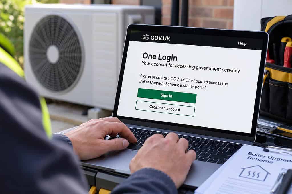 Installer accessing government login for Boiler Upgrade Scheme.