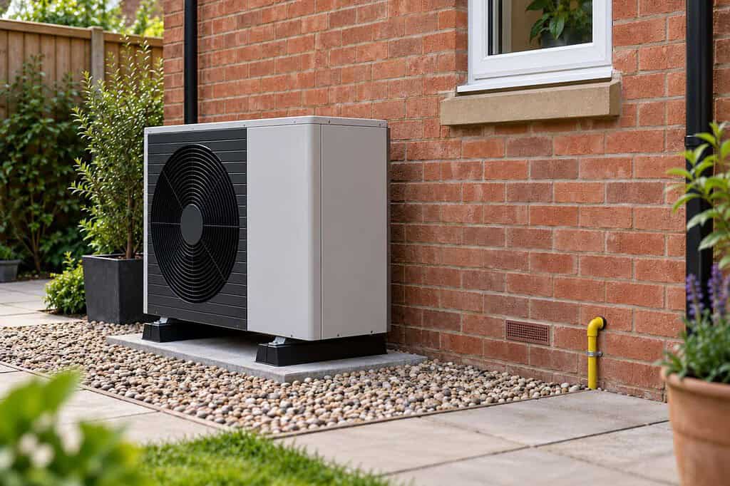 Outdoor heat pump unit beside brick wall in garden setting.
