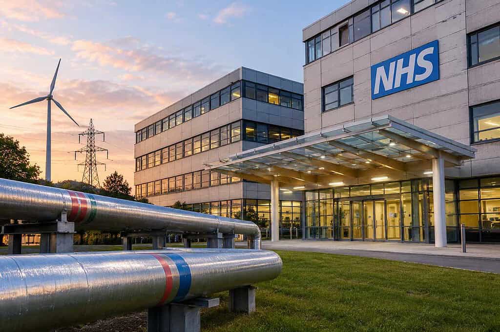 NHS hospital with heat pump and renewable energy sources at sunset.