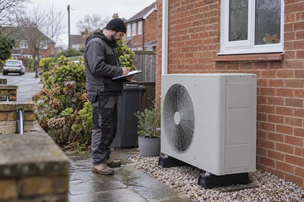 Technician inspecting a heat pump outside a residential property in the UK.