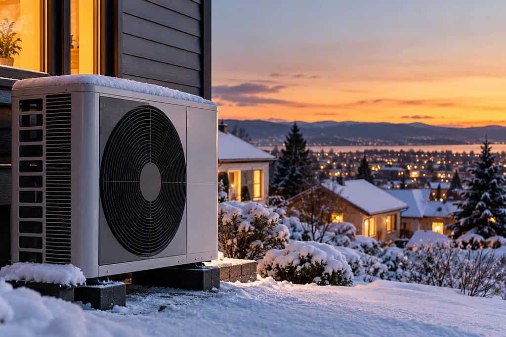 Heat pump unit installed outdoors in a snowy residential area at sunset.