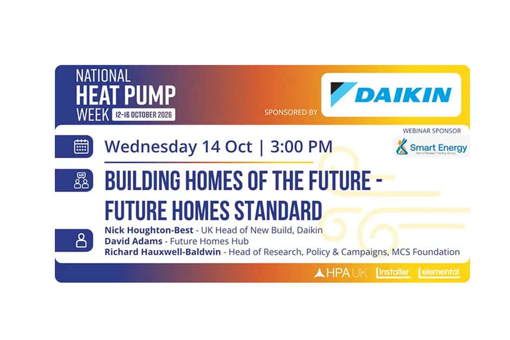Heat Pump Week event poster with date, time, and sponsors.